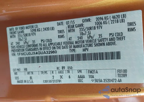 2016 Ford Escape Titanium from USA, damaged, VIN 1FMCU0JX4GUA32980